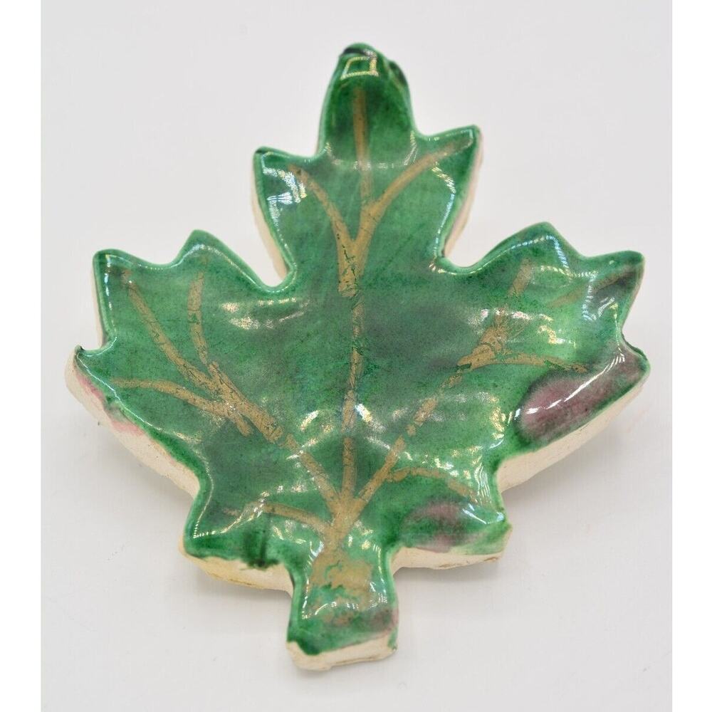Vintage Leaf Pin Brooch Painted Porcelain Clay Green Handcrafted Maple BinJ